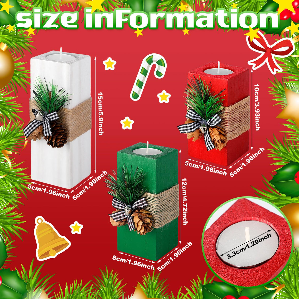 Sliner 3 Pcs Christmas Candle Holders with Candles Wooden Xmas Tealight Candle Holders Decorations Red White Green Votive Wood Candlestick for Christmas Table Centerpiece Decor Xmas Gifts Sliner