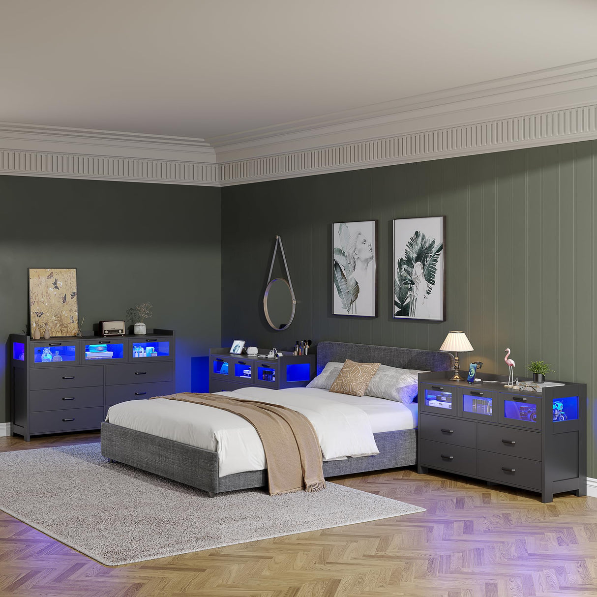 Alohappy 7 Drawers Dresser for Bedroom, Black Dresser with LED Lights and Charging Station, Wood Modern Dressers Chest of Drawers with 3 Visual Drawers, Storage Dressers Organizer for Bedroom, Hallway Alohappy