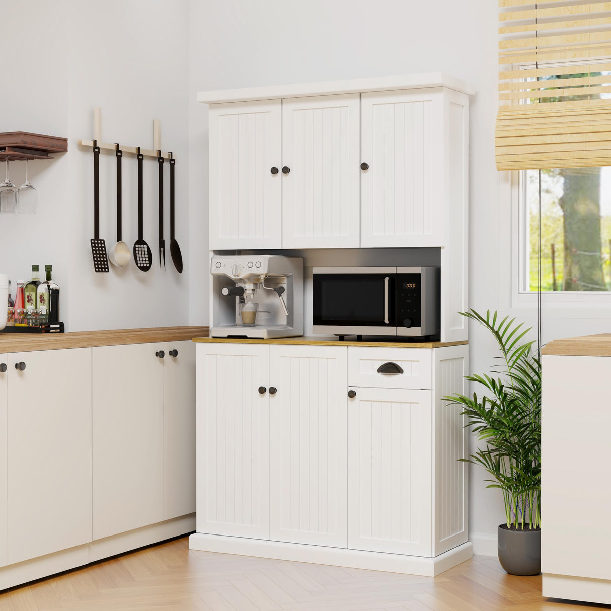 RASOO 71" Pantry Cabinet Kitchen Hutch Buffet Sideboard Oven Countertop Storage Microwave Cabinet with 3 Doors Upstairs and 3 Doors downstairs and 1 Drawer, White RASOO