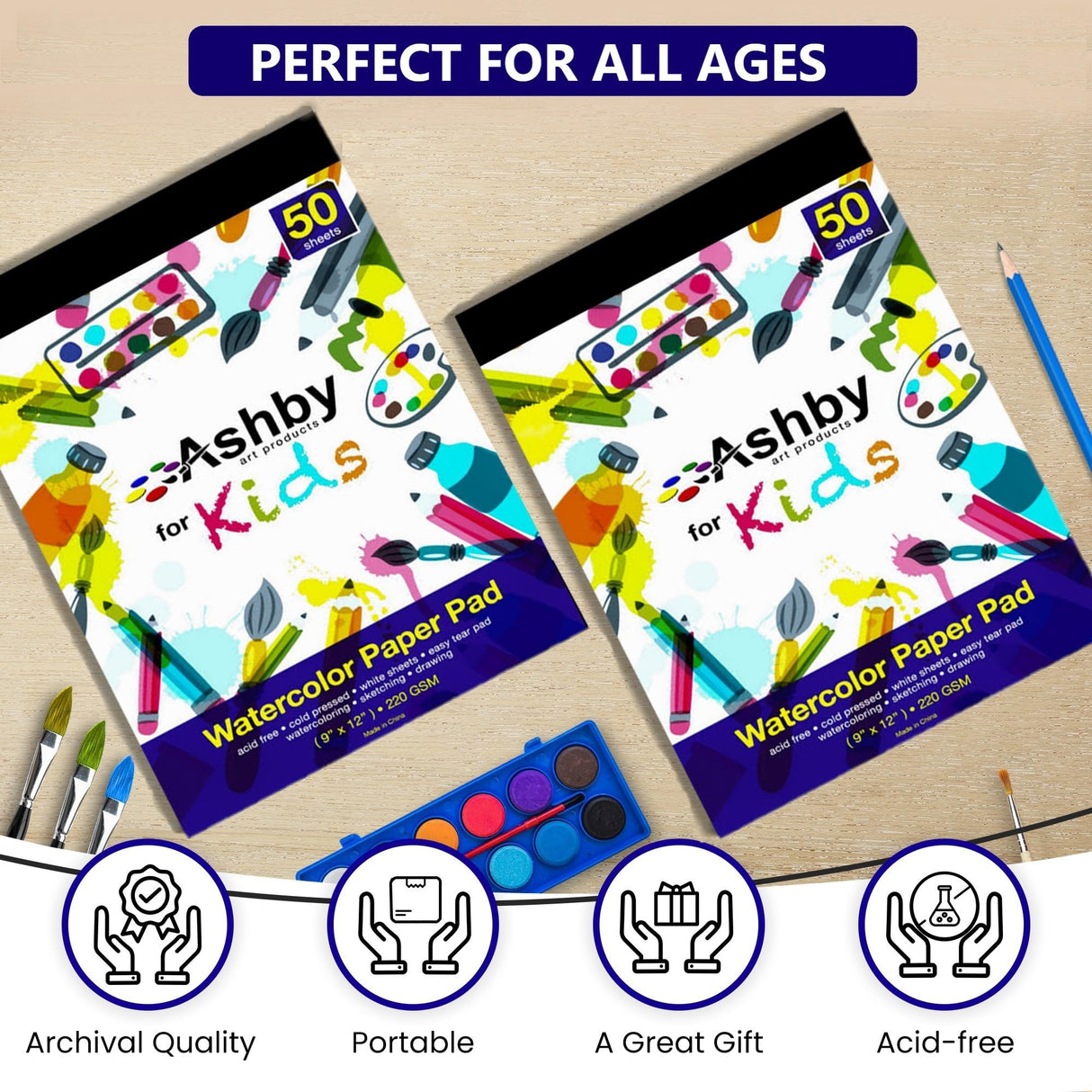 Ashby for Kids - 2 Pack of 9 x12 (220 GSM) Watercolor Paper for Kids. 100 Extra Thick Pages (50 per Pad). Great for Fingerpaints, Drawing, Doodling and Sketching. Easy to Remove Pages. Natural White Ashby