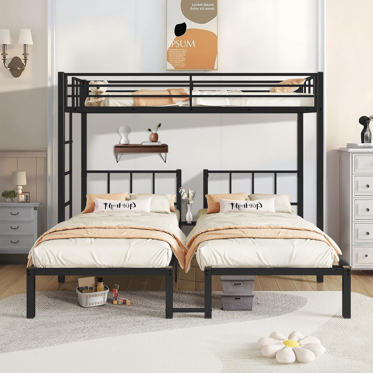 EYATZO Heavy Duty Triple Bunk Bed for Kids, Twin Over Twin Over Twin Bunk Bed, Metal 3 Bed Bunk Beds for Teens and Adults, No Box Spring Needed, Black EYATZO