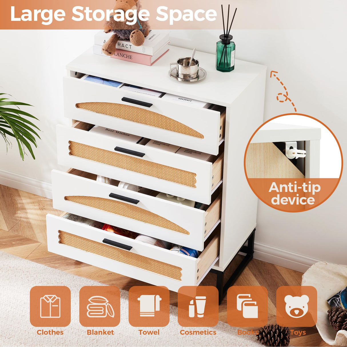 Mericonia 4 Drawer Rattan Dresser for Bedroom, Wood Tall Dresser for Closet with Metal Handles, Boho Nightstand Sets, Dressers & Chests of Drawers for Bedroom, Hallway and Entryway, White Mericonia