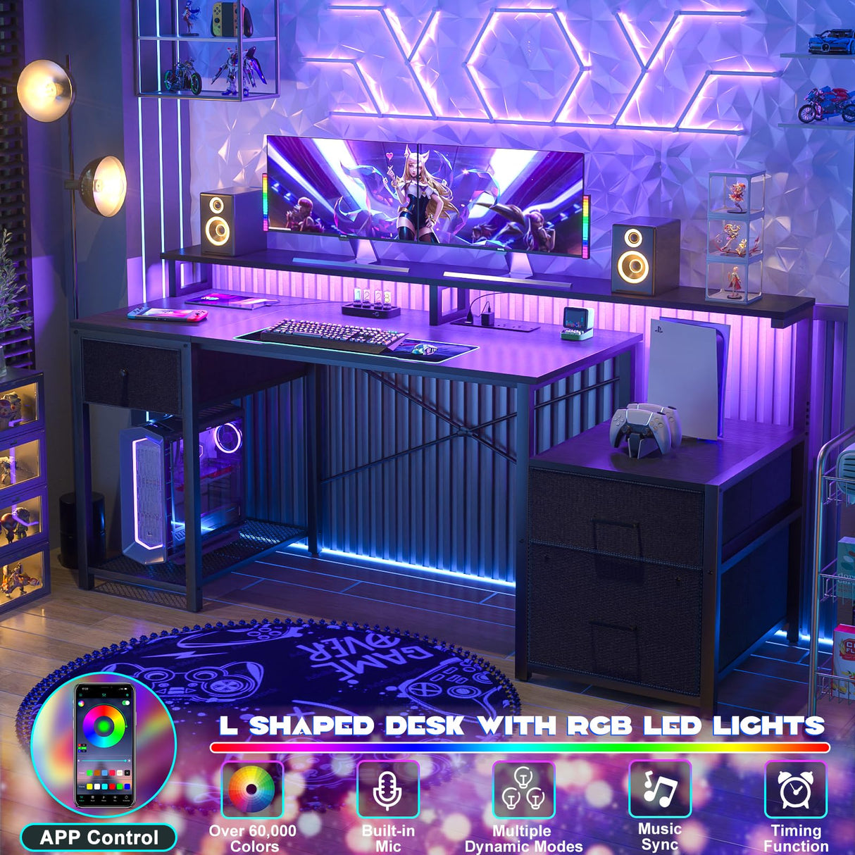 Aheaplus Computer Desk with 3 Drawers, Home Office Desk with File Drawer & Power Outlet, 59'' Gaming Desk with Led Lights, Long Work Desk with Storage Shelves, Printer Cabinet and Monitor Shelf, Black Aheaplus