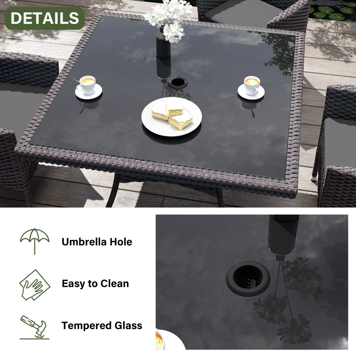 Kurapika 5-Piece Patio Furniture Outdoor Dining Set, Wicker Rattan Patio Dining Table and 4 Chairs Set, Square Tempered Glass Tabletop with Umbrella Hole, for Patio, Backyard, Grey Kurapika