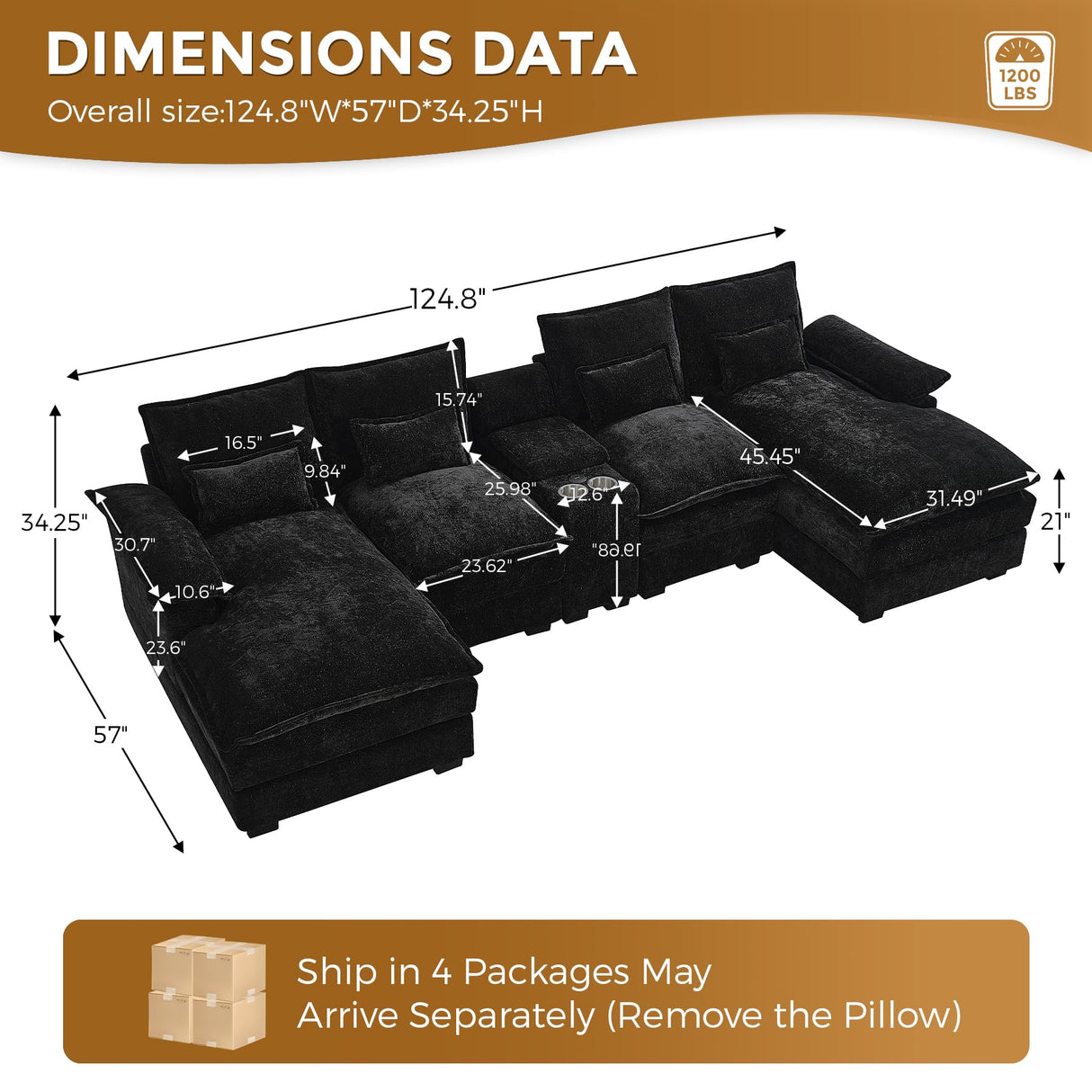 HYJT-H&K 124" U Shaped Cloud Couch Sectional, Comfy Fluffy Chenille Black Sectional Couches for Living Room, Modern Modular Sectionals Sofa with Central Console Double Chaise Lounge Black HYJT-H&K
