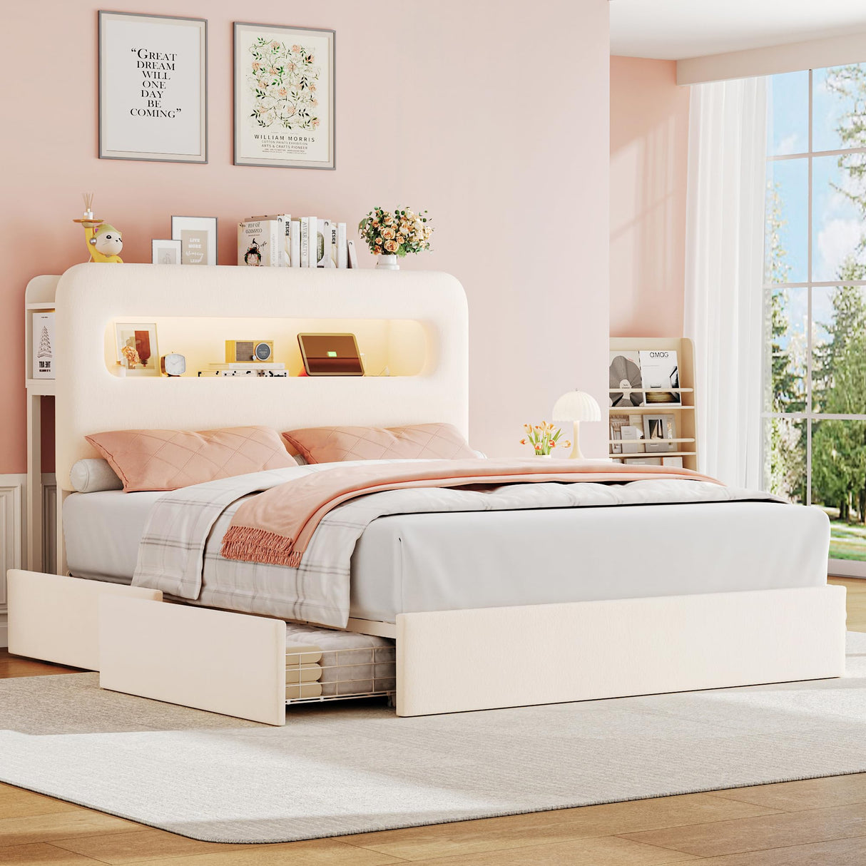 HOSTACK Full LED Bed Frame with Storage Headboard and Charging Station, Kids Bed Frame with 4 Drawers and USB Ports, Velvet Upholstered Platform Bed Frame with Bookcase, No Box Spring Needed, Cream HOSTACK