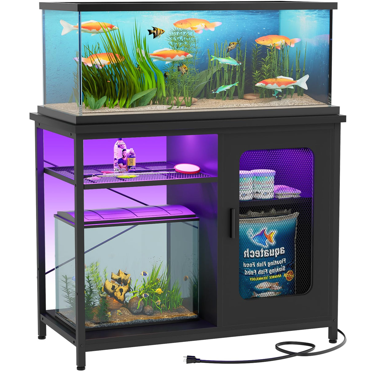 Unikito 20-29 Gallon Fish Tank Stand with Power Outlets & LED Light, Reversible Metal Aquarium Stand with Cabinet for Fish Tank Accessories Storage, Suitable for Reptile Terrarium, Turtle Tank, Black Unikito