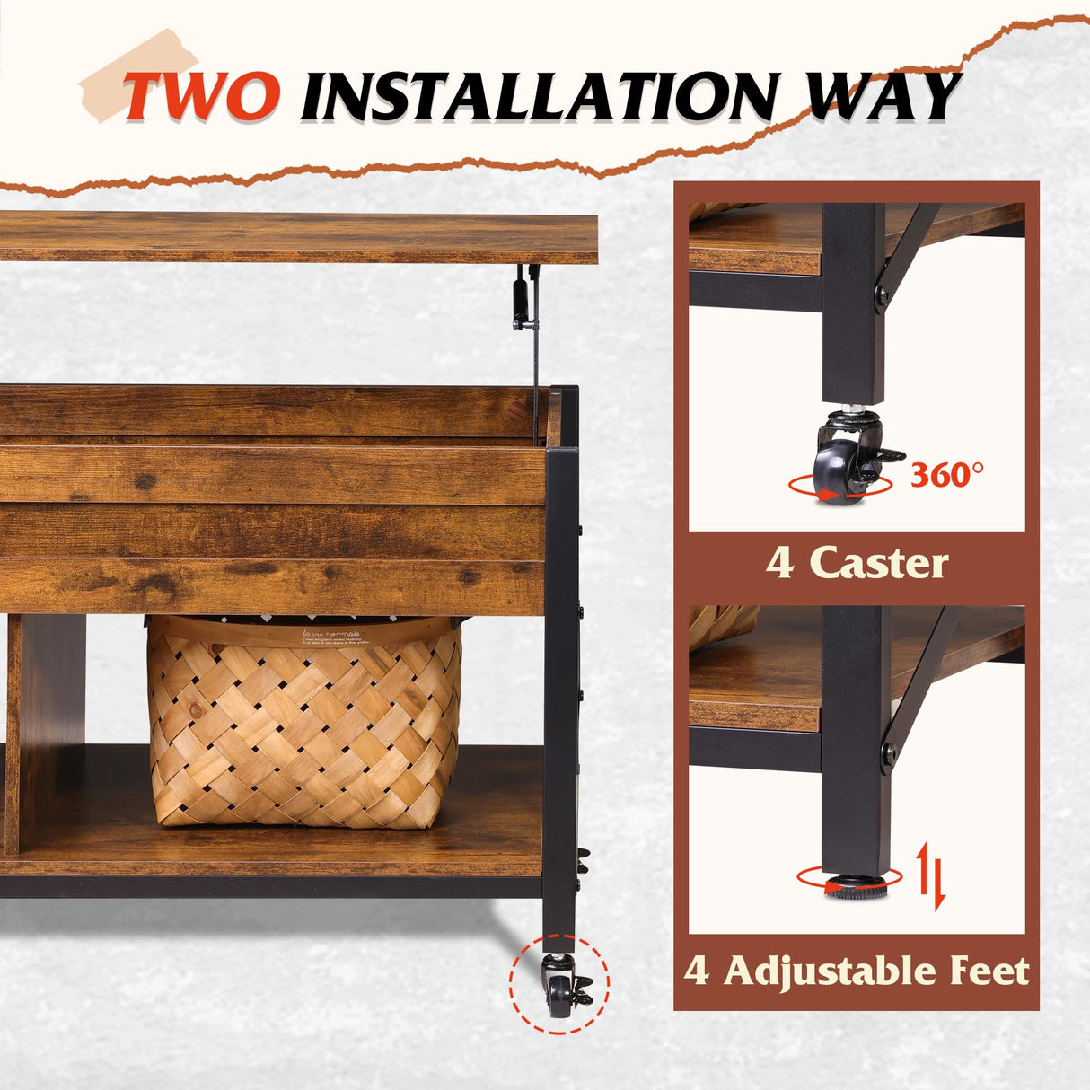 WLIVE Lift Top Coffee Table for Living Room, Coffee Table with Storage, Hidden Compartment and Metal Frame, Central Table with 4 Casters for Reception Room, Rustic Brown WLIVE