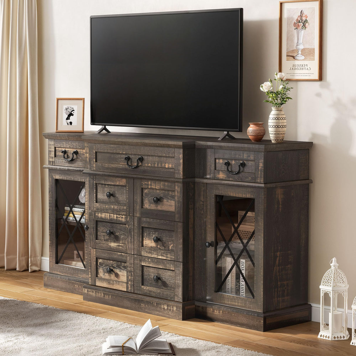 YITAHOME Television Stand for 65/55 Inch TV, Farmhouse TV Stand with 9 Drawers, Adjustable Shelves and Tempered Glass Doors, Entertainment Center TV Media Console for Living Room, Dark Rustic Oak YITAHOME