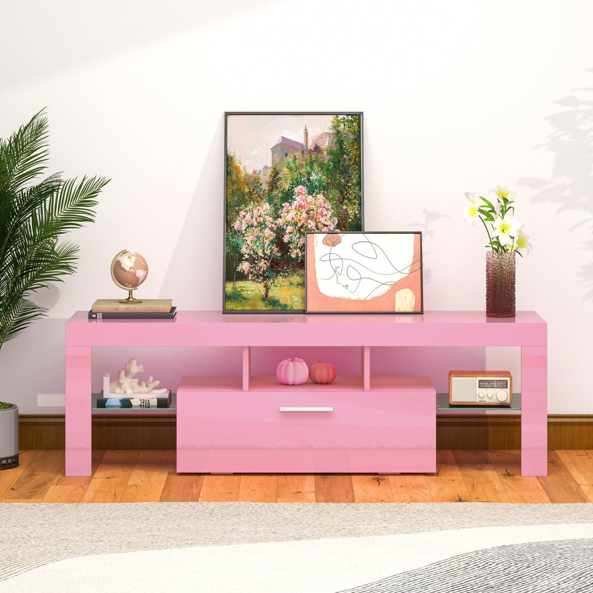 Clikuutory Pink LED TV Stand with Large Storage Drawer for 32 40 50 55 Inch TVs, Modern High Gloss TV Console Table with Entertainment Center for Living Room, Bedroom, Pink Clikuutory