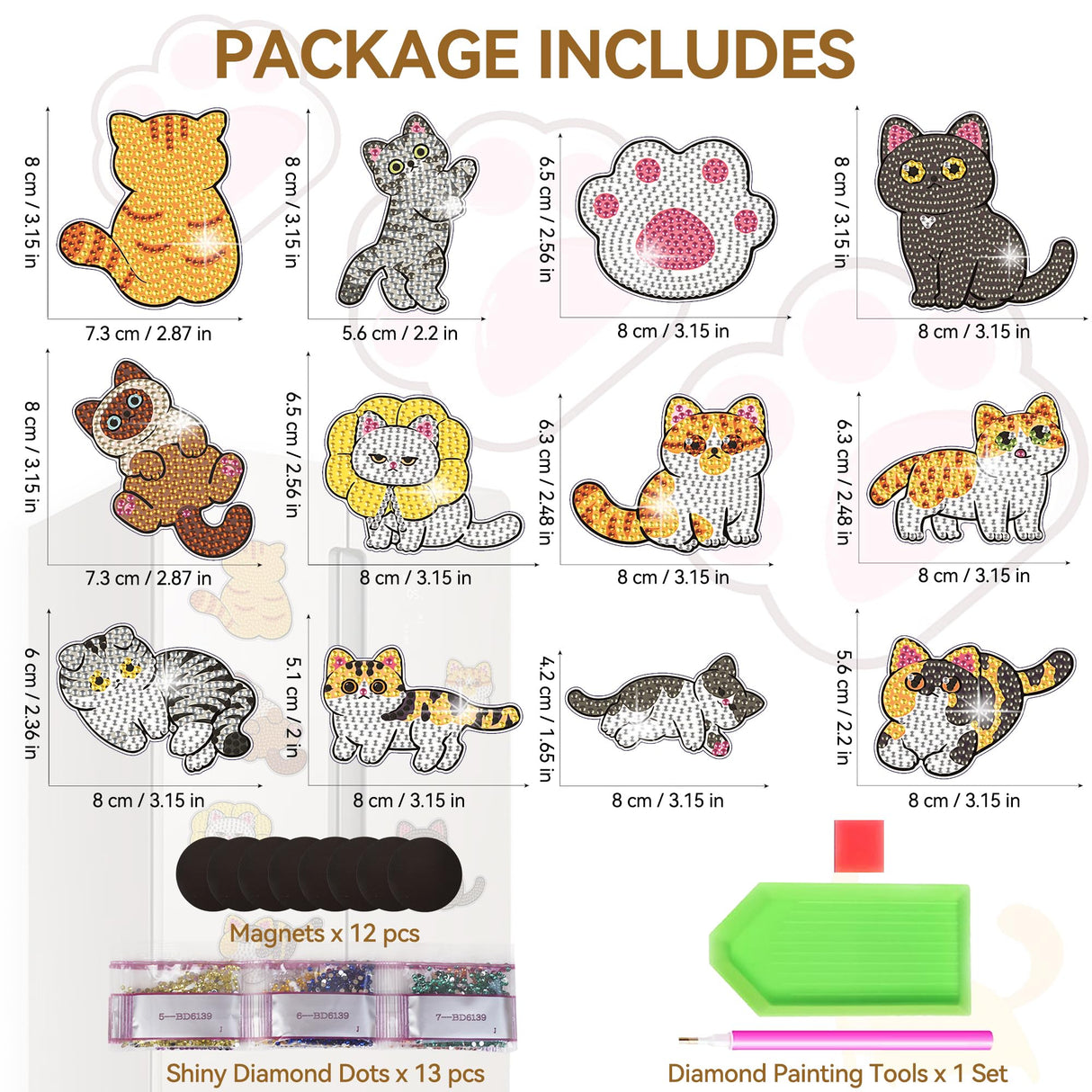 Vcekract 12 PCS Diamond Art Kits for Adults, Diamond Art Refrigerator Magnets, Cat Diamond Art Kits, Diamond Painting Kits for Home Decor Vcekract