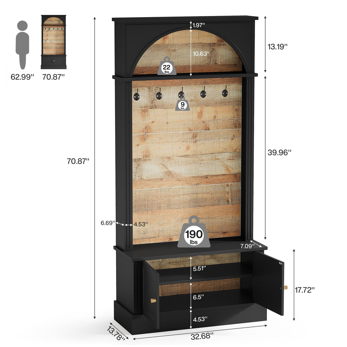 Tribesigns 70.86" Hall Tree with Storage Bench, 4-in-1 Design Entryway Bench with Coat Rack, Farmhouse Hall Tree with 5 Hooks and Adjustable Shoe Storage for Entryway, Hallway(Black+Brown) Tribesigns