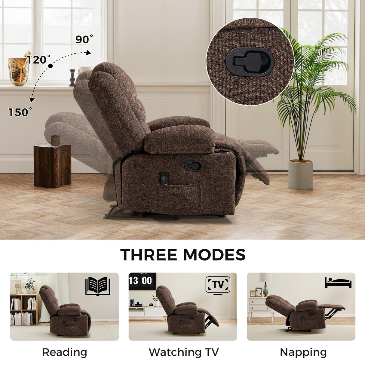 HAOMARKETS Classic Manual Recliner with Massage and Heat for Adults, Breathable Fabric Recliners with Two Cup Holders, Overstuffed Heavy Duty Reclining for Living Room, Brown HAOMARKETS
