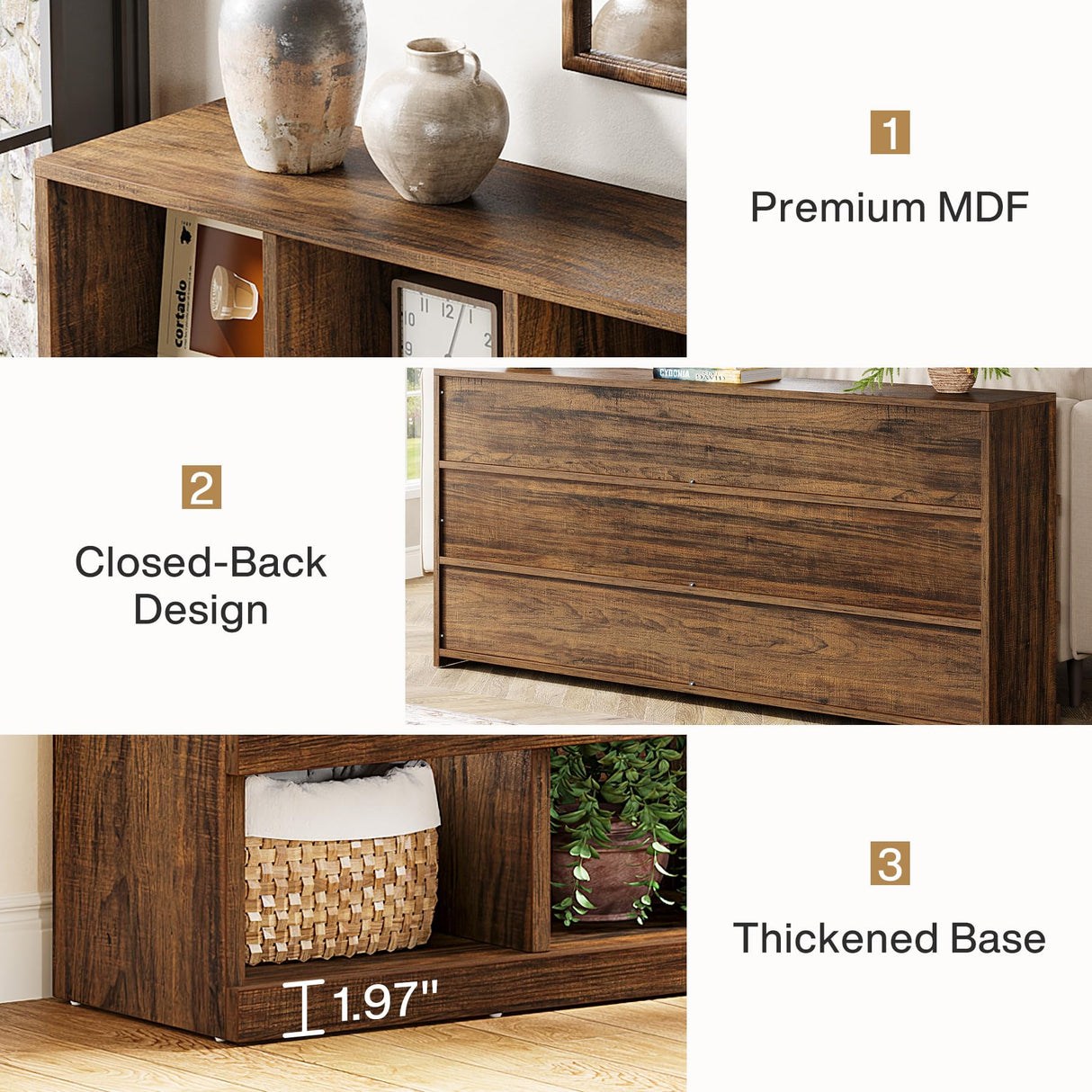 Tribesigns 63-Inch Farmhouse Console Table, 15-Cube Narrow Entryway Table, 4-Tier Wood Behind Couch Sofa Table, All Wood Hallway Table with Storage for Entryway, Foyer, Living Room, Rustic Brown Tribesigns