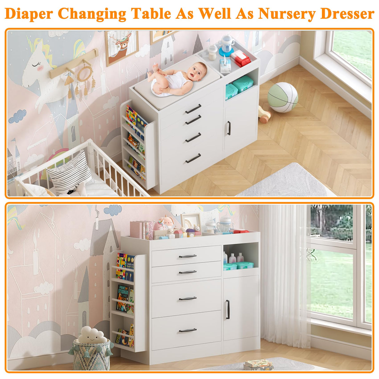 Bigbiglife Changing Table Dresser, Baby Nursery Dresser with 4 Drawers & 1 Cabinet & 3 Open Shelves Storage, Modern Diaper Changing Station for Children's Room, Changing Pad Included, White Bigbiglife