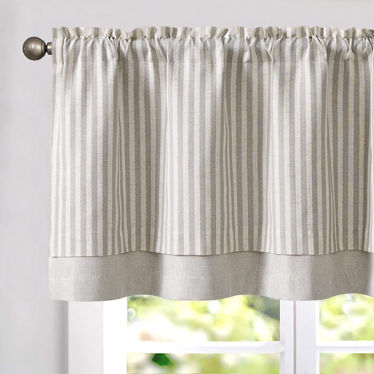 jinchan Linen Valance Curtain Striped Valance for Windows 18 Inch Blackout Kitchen Curtain Farmhouse Double Layer for Living Room Ticking Rod Pocket 1 Panel Taupe Grey on Linen jinchan