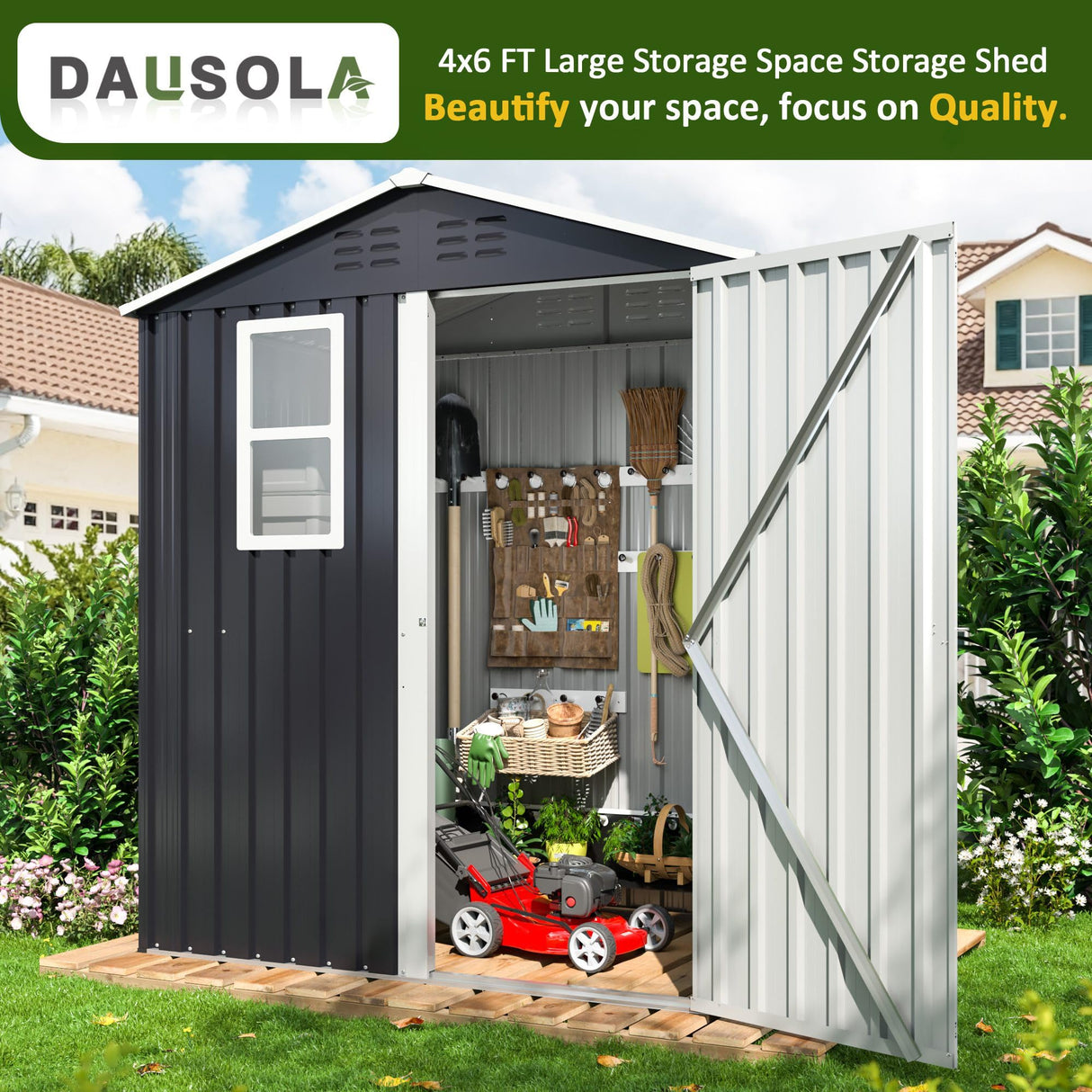 DAUSOLA 5.6x3.5 FT Outdoor Storage Shed, Metal Garden Tool Shed with Updated Frame Structure, Lockable Doors and Windows, Ideal for Backyard Garden Patio Lawn, Grey DAUSOLA