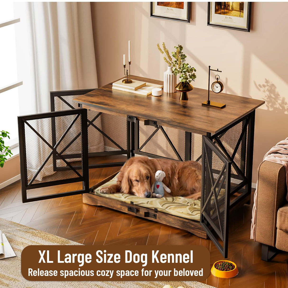 COZPAW Large Dog Crate Furniture - 48 inch Heavy Duty Dog Kennel Indoor for XLarge Breed with Double Doors, Wooden Dog Cage XL Modern Decorative End Table Pet House (Brown) COZPAW