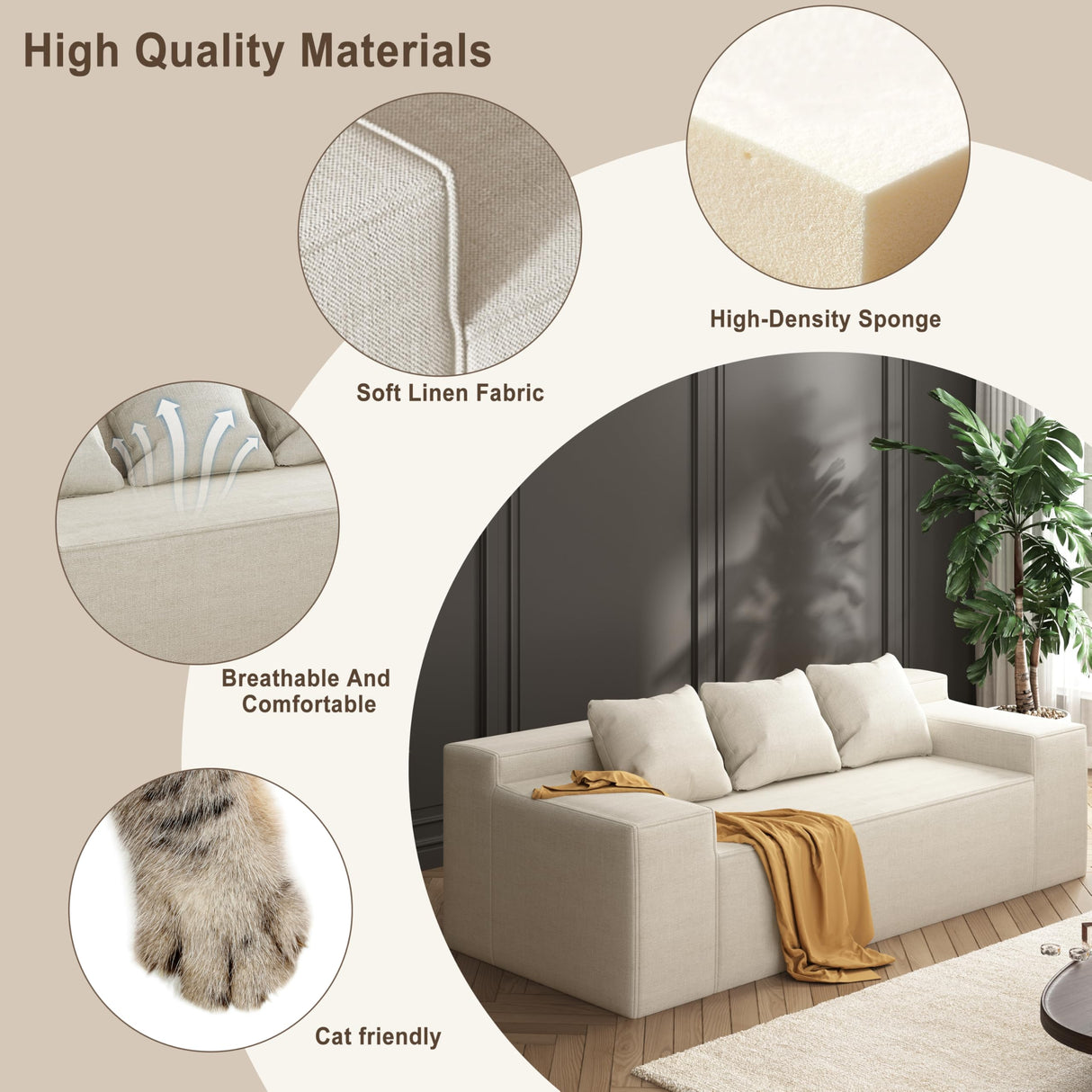 Modern 3-Seater Sofa, Hybrid Sofa in a Box, No Assembly Required, Comfy Sofa Couch with 3 Matching Pillows, Cat-Scratch Resistant Linen, Couch for Living Room or Bedroom, Beige PurrJoys