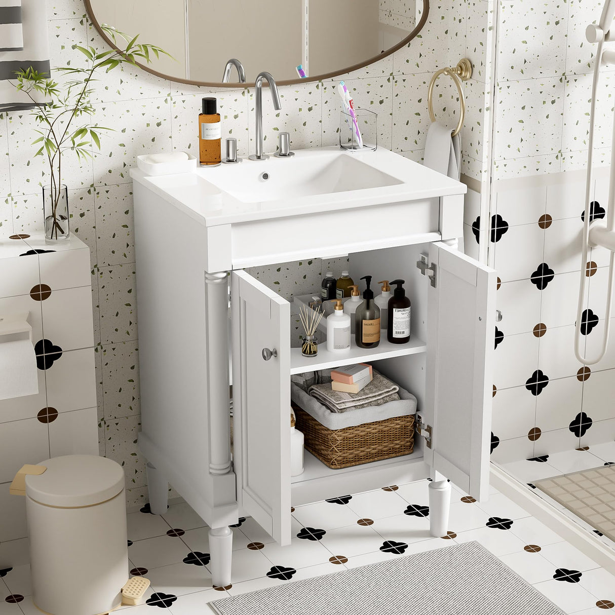 Merax 24” Bathroom Vanity with Sink, Powder Room Small Bathroom Vanity with 2-Door Cabinet, Undermount Sink, Solid Wood Frame Bathroom Storage Cabinet (White) Merax