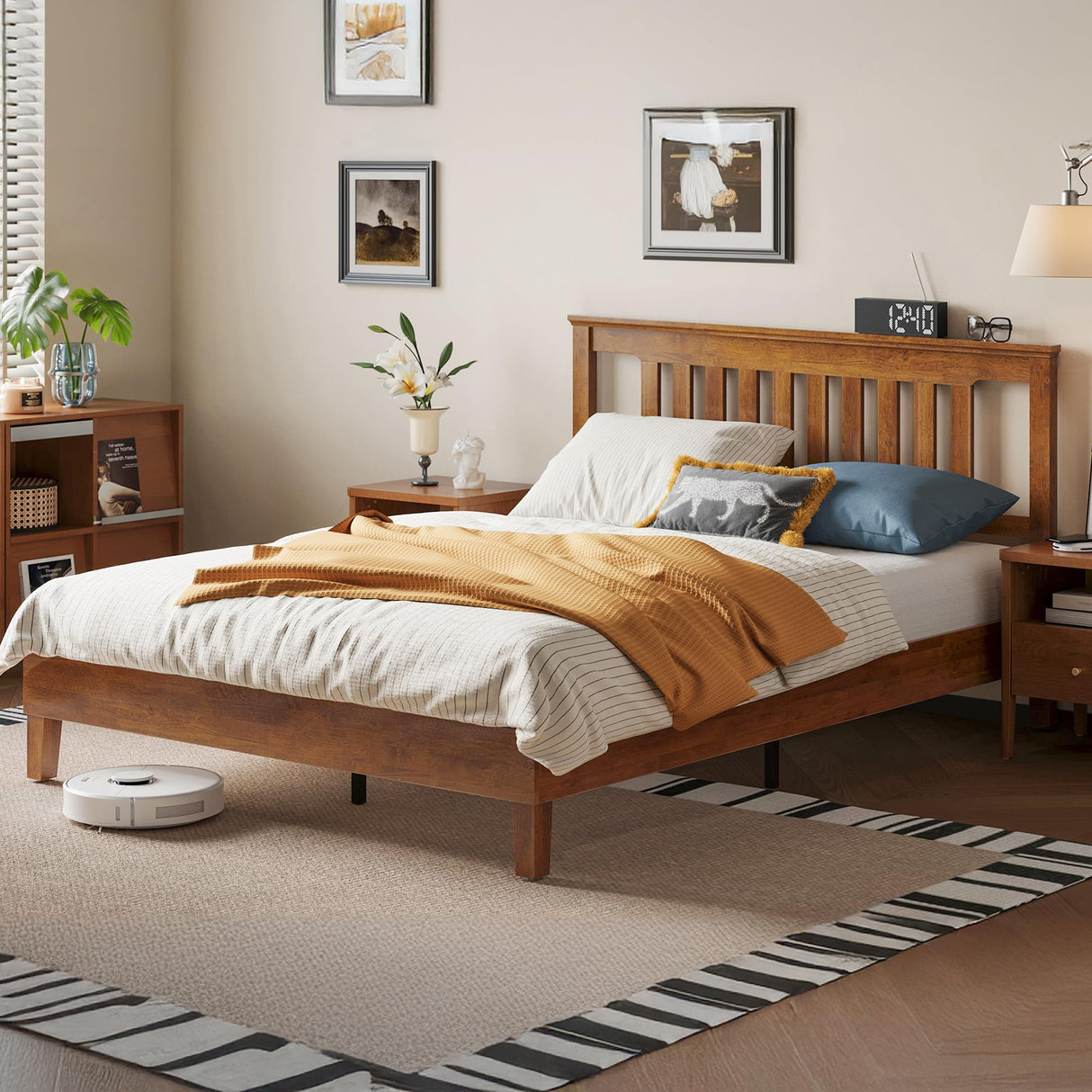 LINSY Wood Full Size Bed Frame, Solid Wood Platform Bed Frame Full with headboard, Wooden Bed with Wood Slat Support, No Box Spring Needed, Walnut LINSY