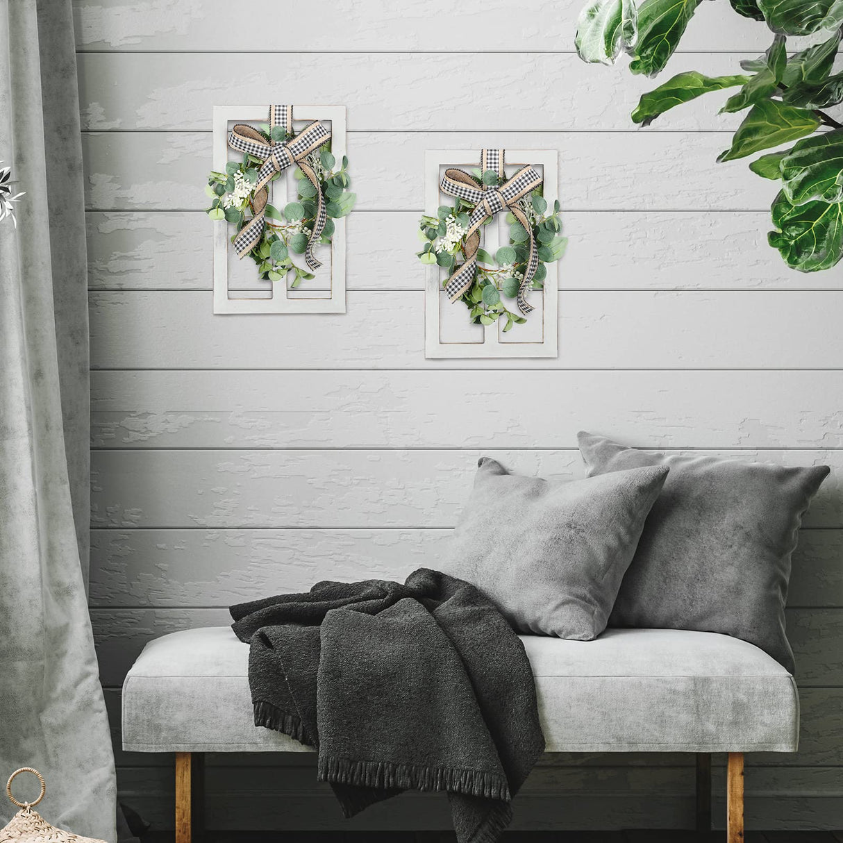 2 Pieces Farmhouse Wall Decor Wood Window Frame with Eucalyptus Wreath Rustic Farmhouse Decor Living Room Farmhouse Wall Art Plaid Bow Wood Window Decor Wooden Wall Pediments, 13. 8 x 8.9 Inch, White Namalu