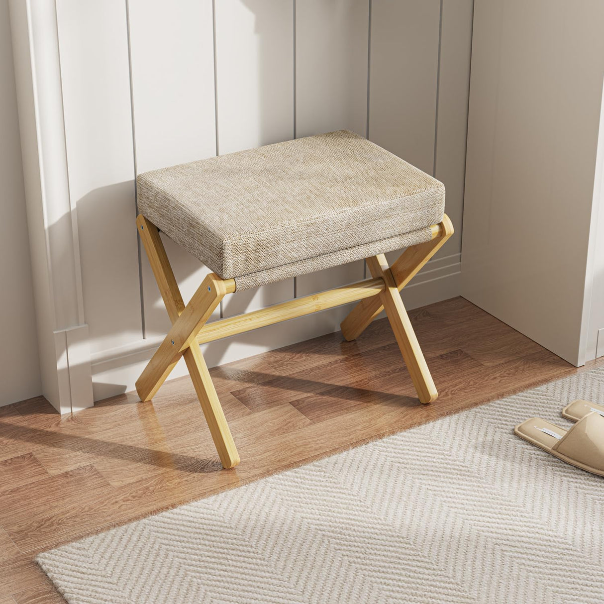 BAMBOOHOMIE Foldable Foot Stool Ottoman, Modern Foot Rest with Bamboo X Legs & Thick Foam Cushion, Folding Foot Stools Small Padded for Bedroom Living Room, Makeup Vanity Stool Chair (Natural - Brown) BAMBOOHOMIE