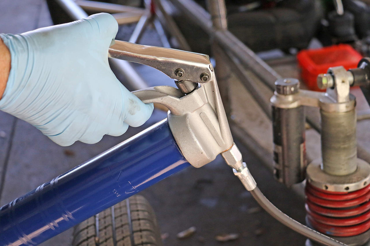 Lincoln 1134 Pistol Grip Grease Gun with 18" Whip Flex Hose and Coupler, 6" Rigid Extension, 7,500 PSI, Premium Dual Lip Follower, Variable Stroke, Jam-Proof Toggle, Filler Air Bleeder Combo Lincoln