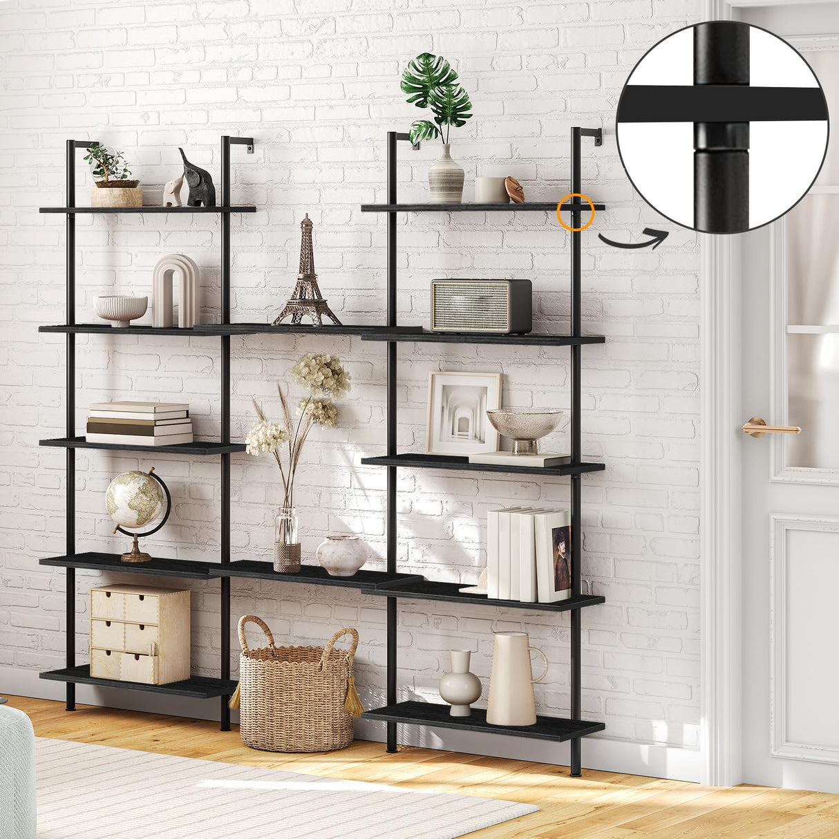 HOOBRO DIY Ladder Shelf, 6-Tier Wall Mounted Bookshelf, Office Vertical Bookcase, Wooden Storage Shelves for Home Office, Bedroom, Black BB65CJ01 HOOBRO