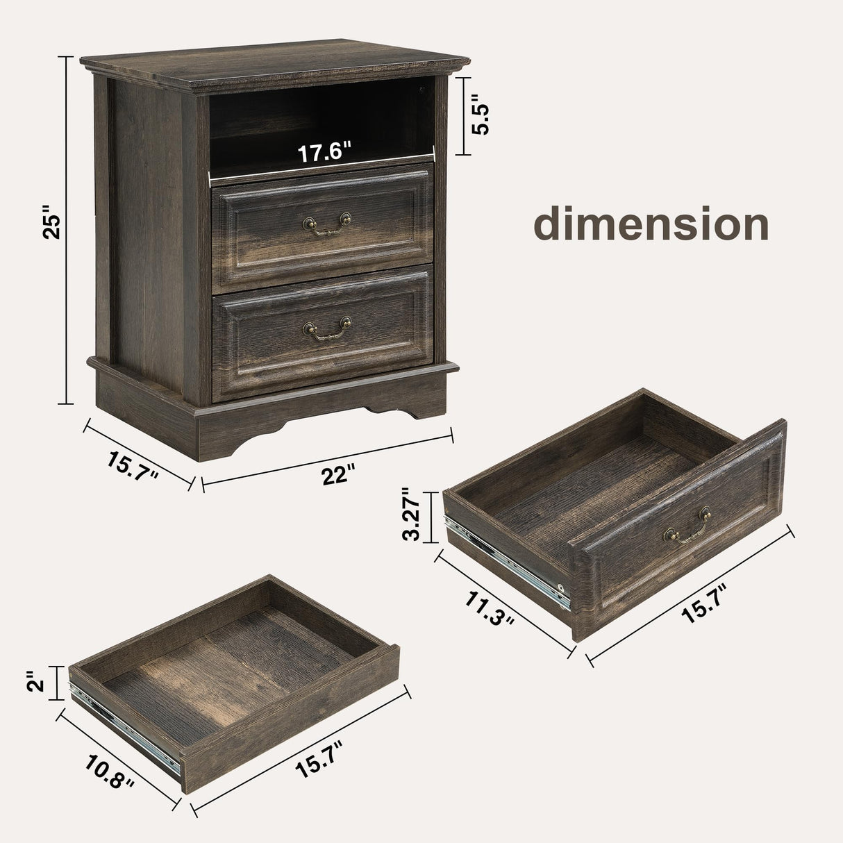 XIAO WEI Nightstand with Hidden Drawer, 25" Tall Farmhouse Bedside Table with 3 Drawers and 1 Open Shelf, Wood Rustic End Side Table, Small Dresser Drawers (Brownish Green Oak, 1PC) XIAO WEI