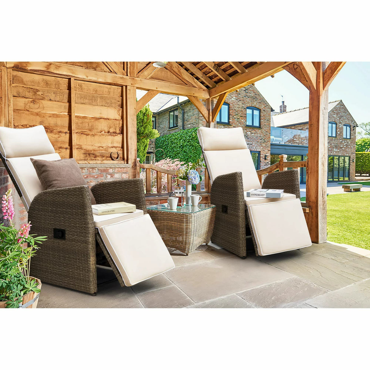 Greesum Patio Recliner All-Weather Wicker Lounge Chair with Flip-up Side Table(Set of Two), Beige Greesum