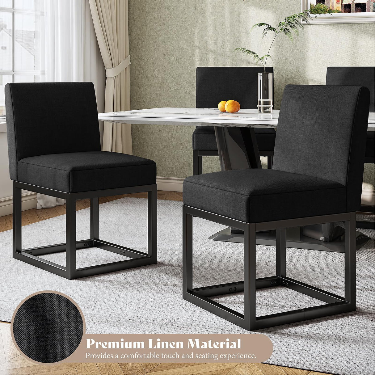 AMERLIFE Mid Century Linen Dining Chairs Set of 6, Modern Upholstered Dinner Chairs with Metal Frame for Restaurant, Dining Room, Kitchen, Black Padded Chairs AMERLIFE