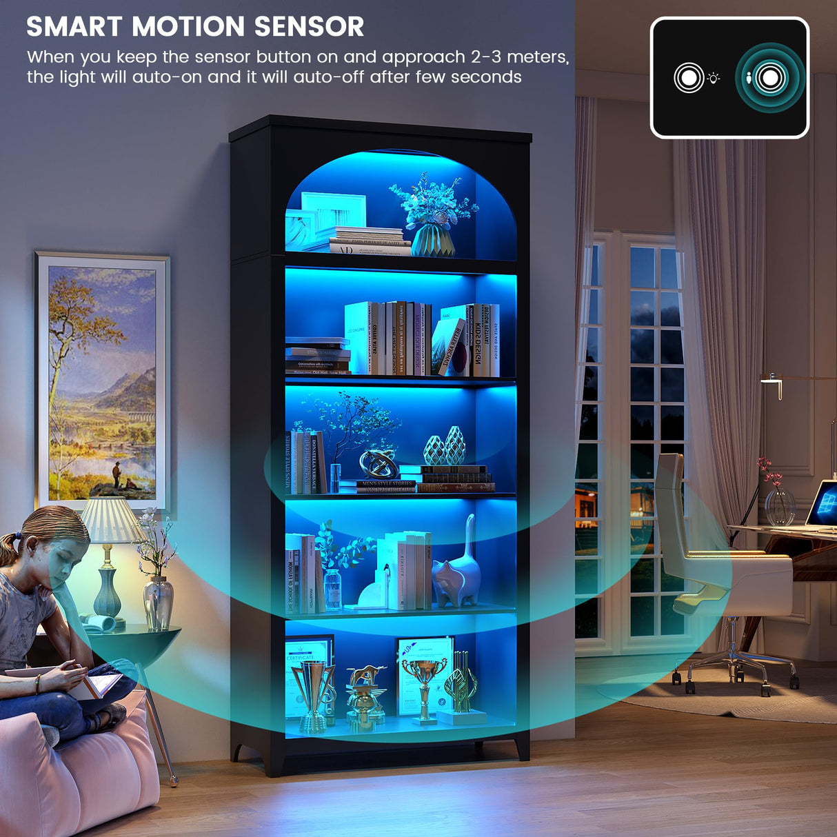 jajov 5-Tier Wooden Bookshelf with LED Lights, 70 Inch Tall Bookshelf with Storage, Floor Standing Modern Style Display Bookcase for Living Room, Office, Study Room, Entryway - Black jajov