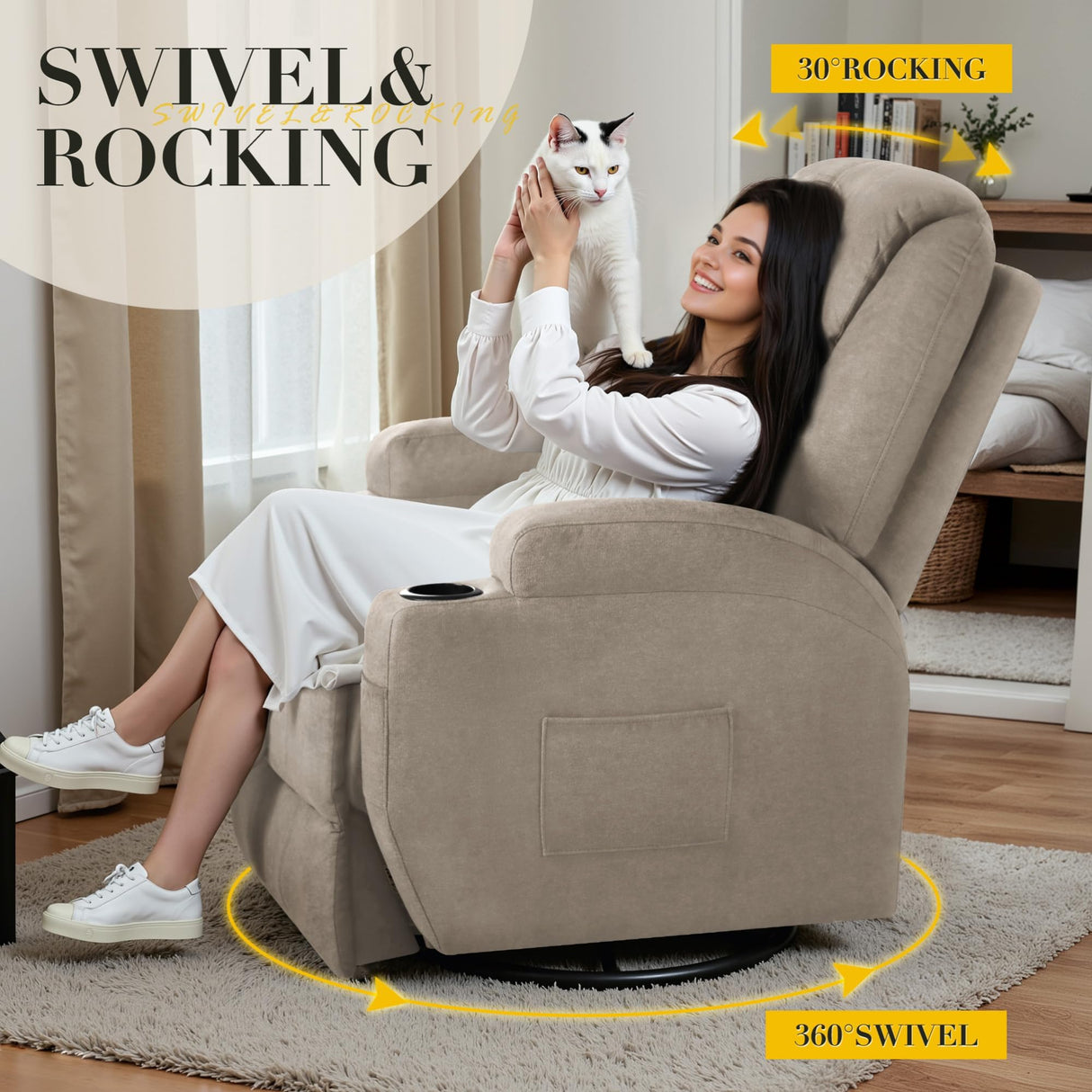 Recliner Chair, 360° Swivel Rocker Chair for Adults, Rocking Recliner Chair with Massage, Comfy Single Sofa with Side Pockets Cup Holders for Living Room, Bedroom, Nursery (Fabric, Khaki) Furmax