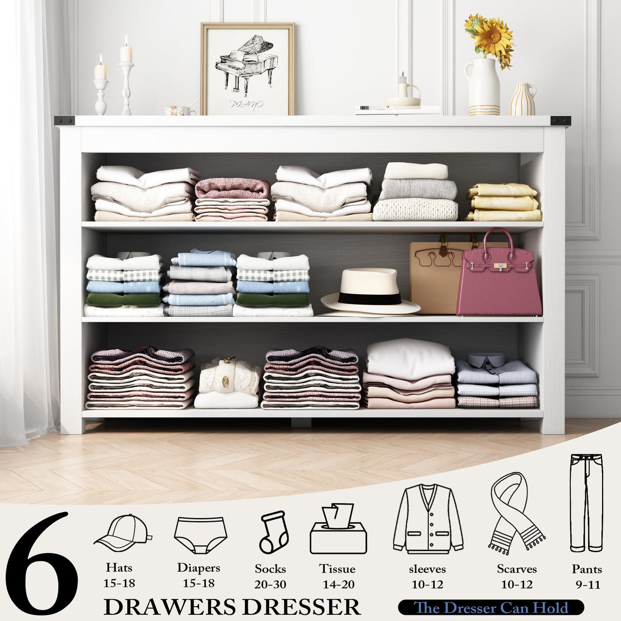 Dresser for Bedroom with 6 Drawers, Farmhouse Wood Chest of Drawers, Wide TV Stand Closet Storage Furniture with Metal Handle, Modern Clothes Organizer for Hallway, Living Room, Entryway, White Xixini