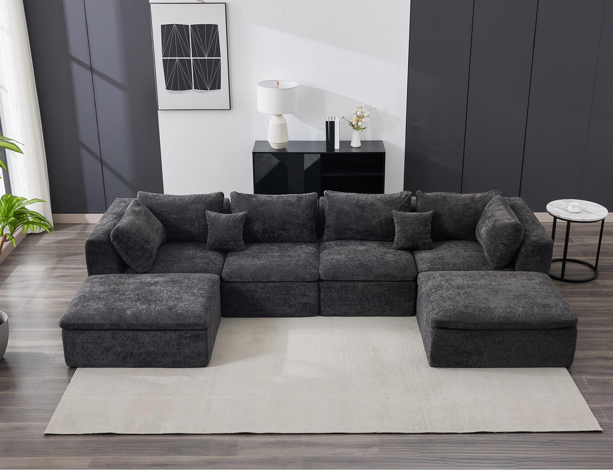 140" Cloud Sectional Couches for Living Room, Convertible U-Shape Boneless Couch with Ottoman, 4 Seater Modular Sectional Sofa, Off-Black Amenitlif