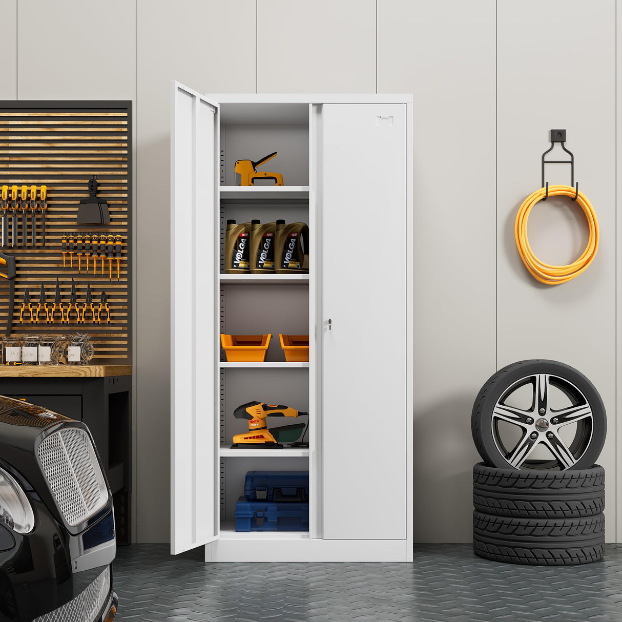 Firstsky Metal Garage Storage Cabinet with Lock, 71" Lockable Garage Cabinet with Doors and Shelves, Steel Lockable File Cabinet, Locking Tool Cabinets for Home, Office, Garage(White, 71 inch) Firstsky