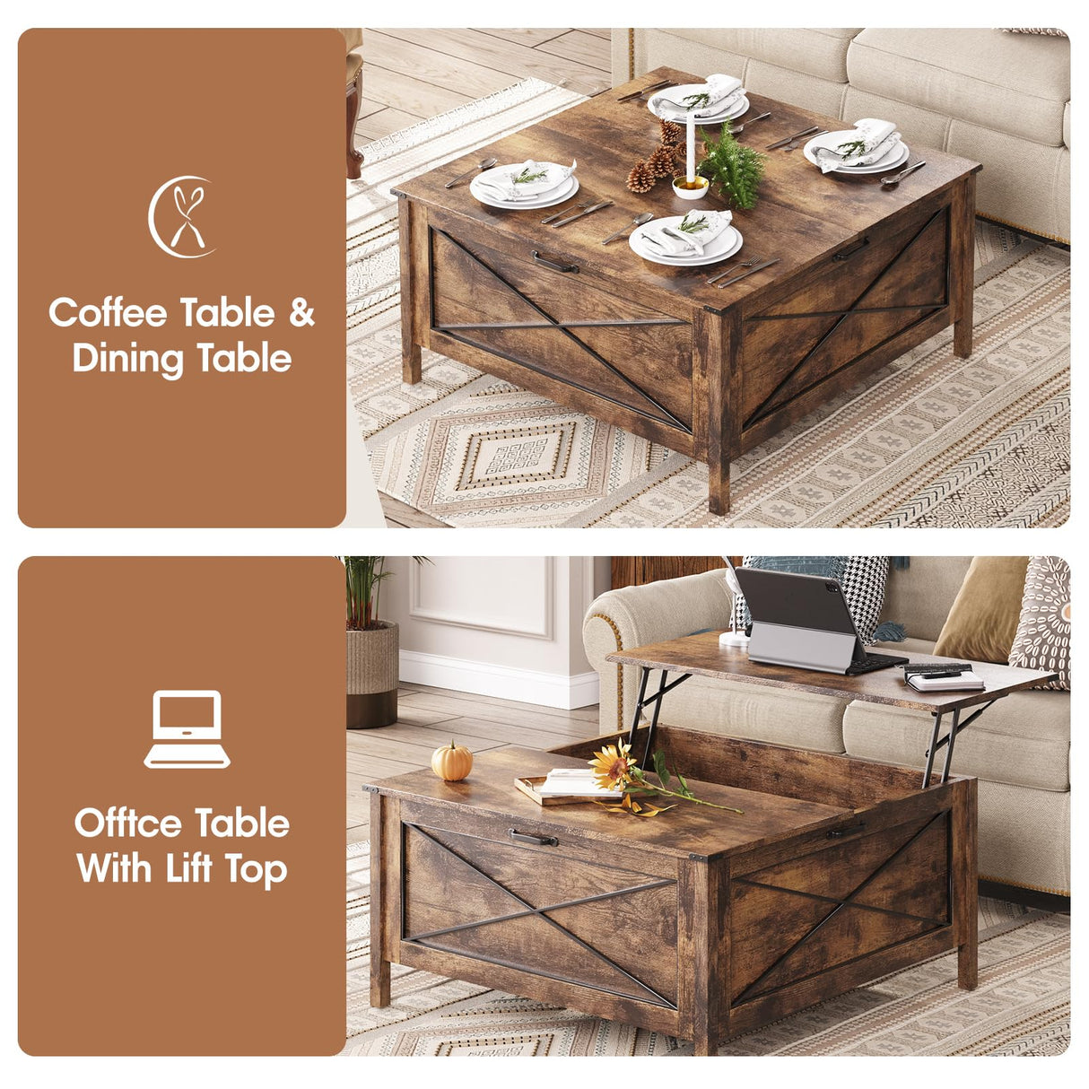 Mauqvit Lift Top Coffee Table,Square Center Table with Hidden Storage Compartment, Farmhouse Wood Coffee Table for Living Room,Bedroom, Home Office Maupvit