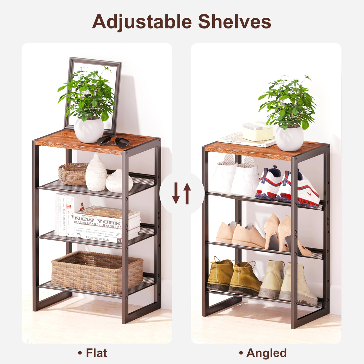 CHEMPFR Narrow 4-Tier Shoe Rack, Slim Space-Saving Shelf with Decorative Wood Top & Steel Mesh, Entryway/Closet/Dorm Organizer, 16.5x11.8x27.9 Inches CHEMPFR