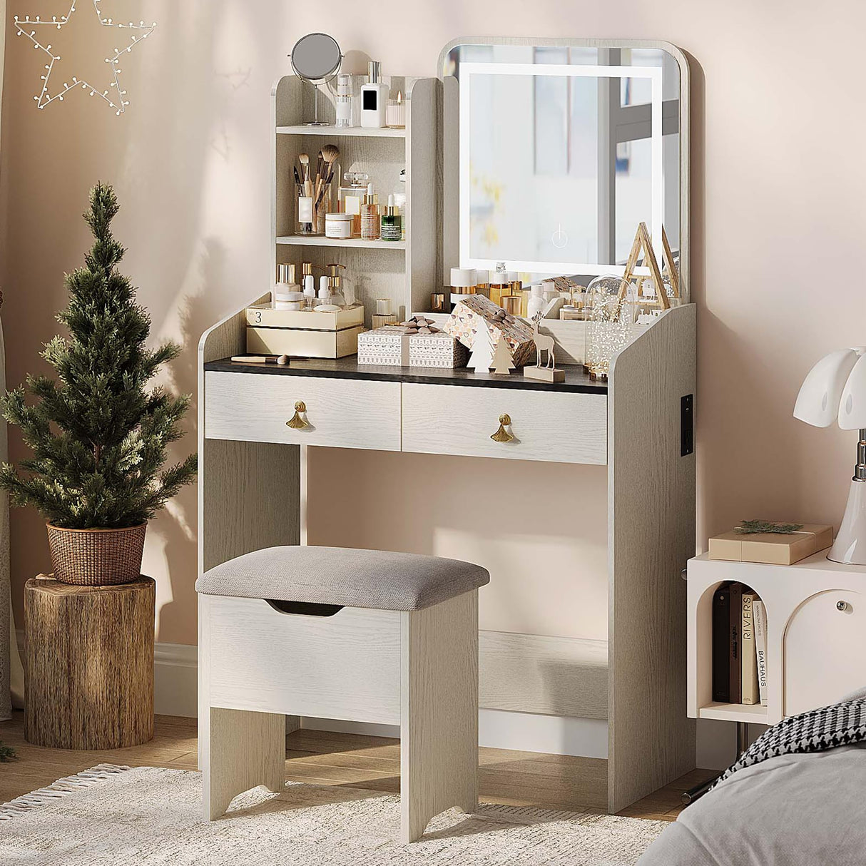 GarveeHome Vanity Desk with LED Light Mirror and Charging Station,Small Makeup Vanities Set with 2 Drawers for Girls Women with Storage Stool (White + Grey Tabletop) GarveeHome