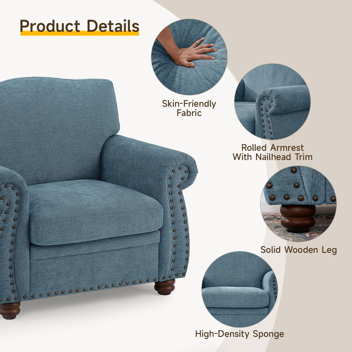 ONBRILL Nailhead Trim Armchair, Rolled Arm Accent Chair for Living Room, Comfy Chenille Club Sofa Chair w/Springs Cushions & Wood Legs, Traditional Single Couch Chair for Apartment, Farmhouse, Teal ONBRILL