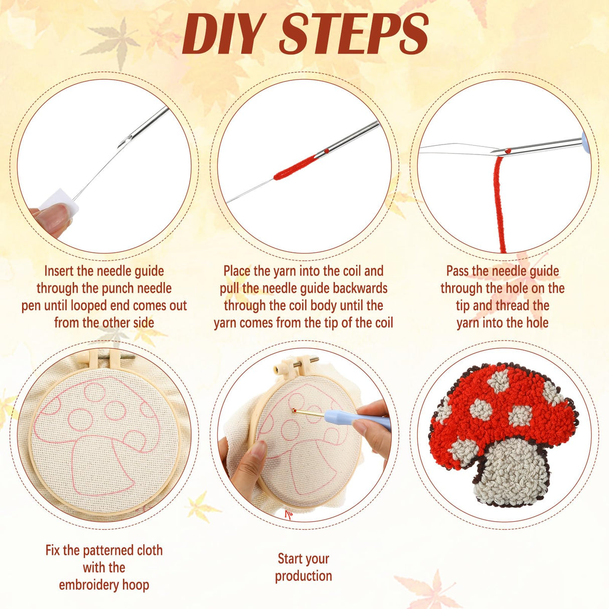 Mindsoft 6 Pcs Fall Punch Needle Coaster Kit Thanksgiving Punch Needle Embroidery Kits with 6 Patterns Yarn Tools Sticky Felt Embroidery Hoop Instruction for Adult Beginner DIY Craft Supplies Mindsoft