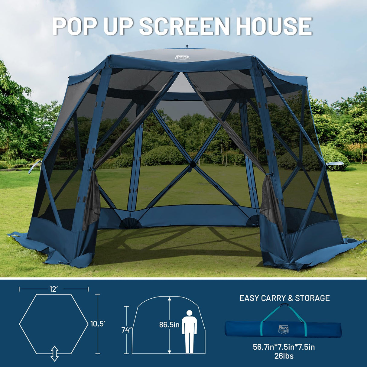 Timber Ridge 12 x 11ft Pop Up Gazebo, Portable Instant Screen House with Netting, Easy 60-Second Set-Up, Fits 6 People, Ideal for Camping, Backyard, Patio, Tailgating, Picnics TIMBER RIDGE