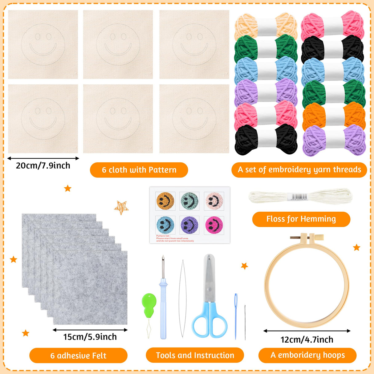 FoszaSzept Smile Punch Needle Coaster Kit, 22Pcs Embroidery Needle Coasters Crafts for Beginners, Easy DIY Mug Tufted Making Set with 6 Patterns Hoop Self Adhesive Felt Cloth Threading Device Gifts FoszaSzept