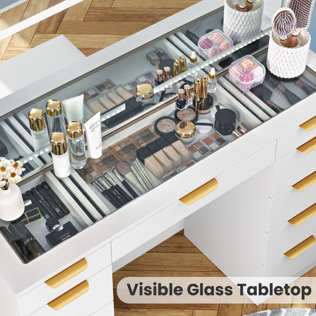 Pamapic Glass Top Vanity Desk with Mirror and Lights, 11 Drawers Makeup Vanity with Charging Station and Chair, Golden Handles Dressing Table, 3 Lighting Modes Makeup Table, White Pamapic