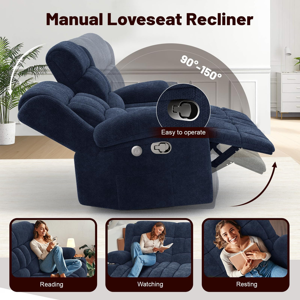 IROSTAE Loveseat Recliner Sofa, 2 Seater Minimalist Style Fabric Manual Pull Tab Reclining Loveseat with USB Charge Ports, Cup Holders, Recliner Love Seat Couches for Living Room, RV, Blue IROSTAE