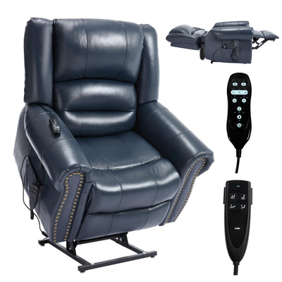 Dual Motor Power Lift Chair, Lay Flat Recliner Chair, Electric Recliner with Massage and Heat for Elderly, Remote Control, Infinite Position, Standing Assistance, USB Ports (Blue, Genuine Leather)