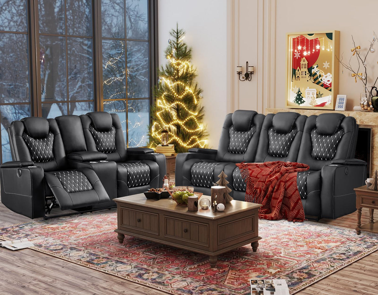 ANJ Recliner Sofa,Power Reclining Couch with USB Ports and Cup Holders - Overstuffed Electric Living Room Seating PU Leather Recliner Sofa Set with Hidden Arm Storage, Easy to Clean (Black) ANJ