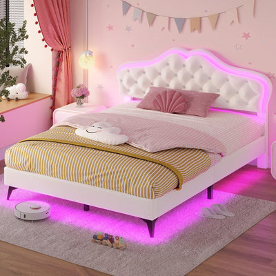 ADORNEVE Full Bed Frame with RGB LED Lights, Princess Bed Frame with Adjustable Crystal Button Headboard, Velvet Upholstered Platform Bed for Girls, Solid Wooden Slats, Easy Assembly, Creamy White