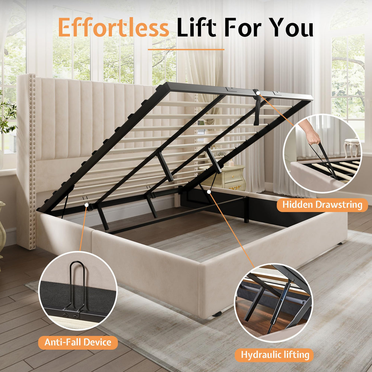 Jocisland Lift up Storage Bed Frame King Size, Upholstered Platform Bed Velvet with Channel Tufted Wingback Headboard, No Box Spring Needed, Cream Jocisland